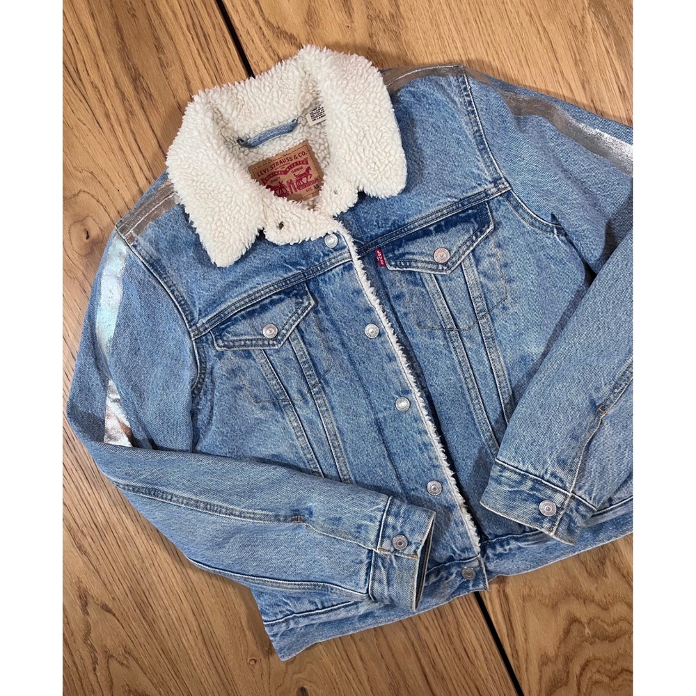 Levi's Original Trucker Jacket Women XS Blue Sherpa Shine Theory Metallic Denim